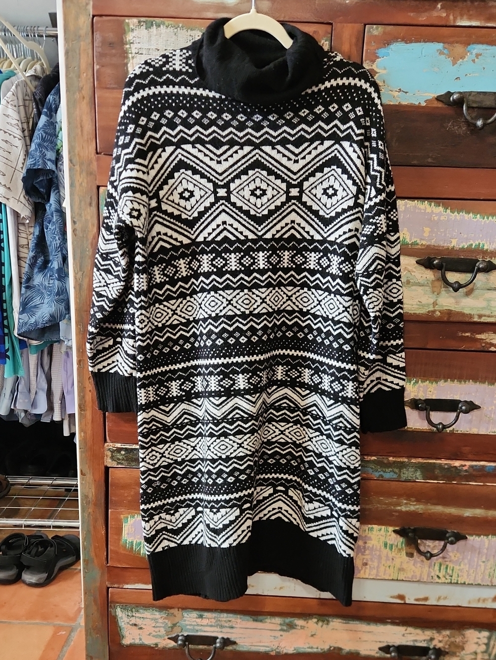 LOFT Black and White Nordic Pattern Turtleneck Sweater